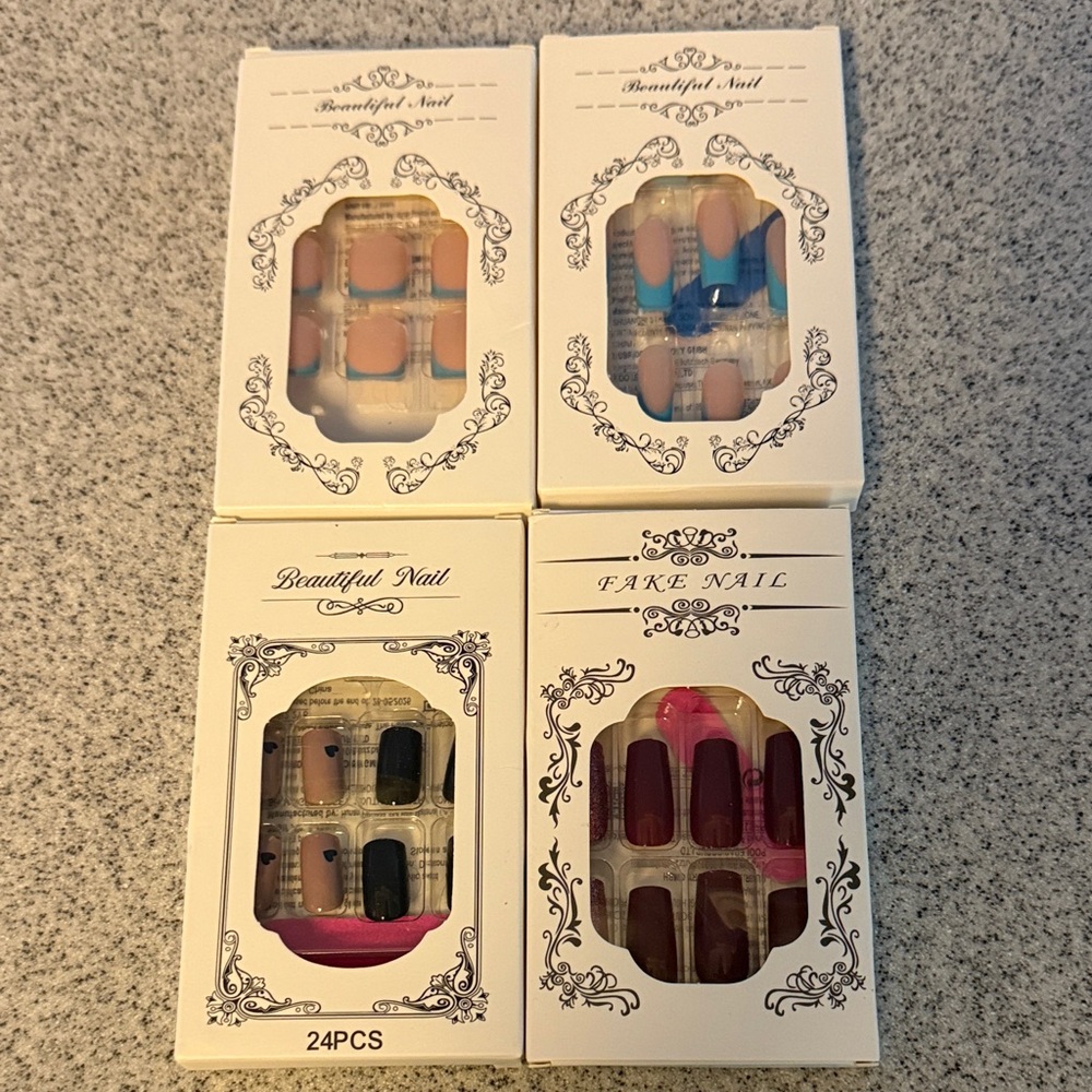 Beautiful Nail press on nails. Set of 4 boxes French blue and purples.